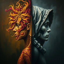 A striking painting showcasing the concept of bipolarity, featuring a figure split in two