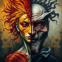 A striking painting showcasing the concept of bipolarity, featuring a figure split in two