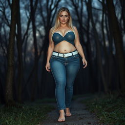A beautiful, stunning, sexy girl with medium breasts, very wide bulging hips, thick round fat thighs, and long shapely legs walking through a haunted forest at dusk