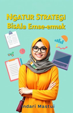 A digital book cover for the e-book titled 'Ngatur Strategi Bisnis Ala Emak-emak' by Indari Mastuti, featuring a stylish and confident emak-emak (housewife) wearing a colorful kerudung (headscarf) and smiling
