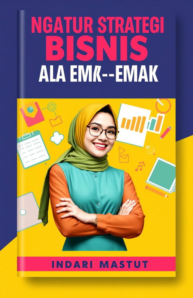 A digital book cover for the e-book titled 'Ngatur Strategi Bisnis Ala Emak-emak' by Indari Mastuti, featuring a stylish and confident emak-emak (housewife) wearing a colorful kerudung (headscarf) and smiling