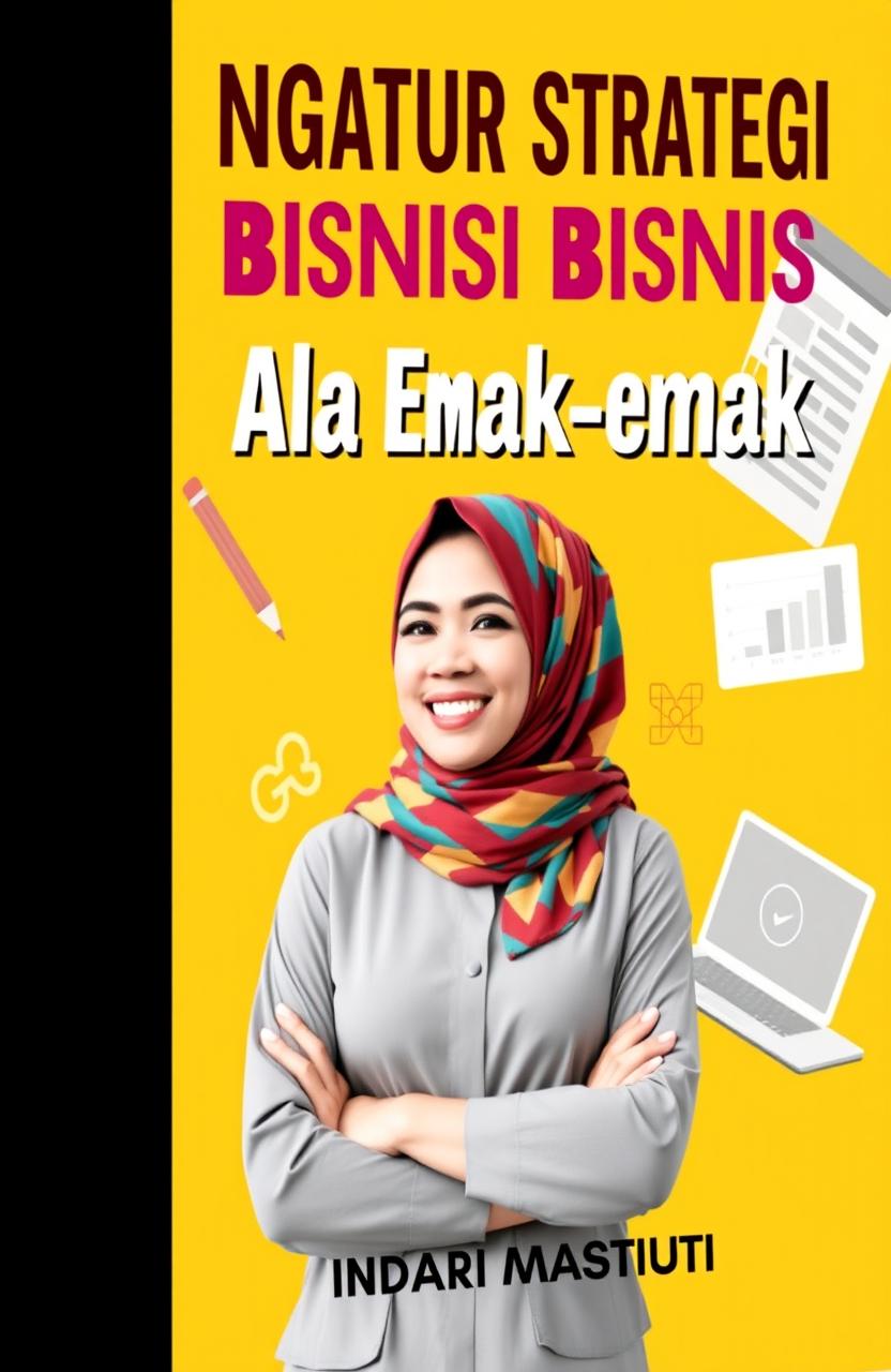 A digital book cover for the e-book titled 'Ngatur Strategi Bisnis Ala Emak-emak' by Indari Mastuti, featuring a stylish and confident emak-emak (housewife) wearing a colorful kerudung (headscarf) and smiling