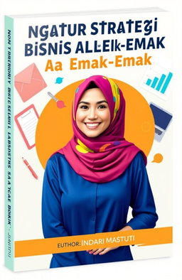 A digital book cover for the e-book titled 'Ngatur Strategi Bisnis Ala Emak-emak' by Indari Mastuti, featuring a stylish and confident emak-emak (housewife) wearing a colorful kerudung (headscarf) and smiling