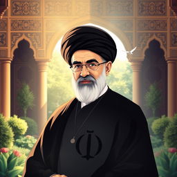 A stylized portrait of Ali Khamenei, the Supreme Leader of Iran, standing confidently in a traditional Iranian setting