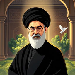 A stylized portrait of Ali Khamenei, the Supreme Leader of Iran, standing confidently in a traditional Iranian setting