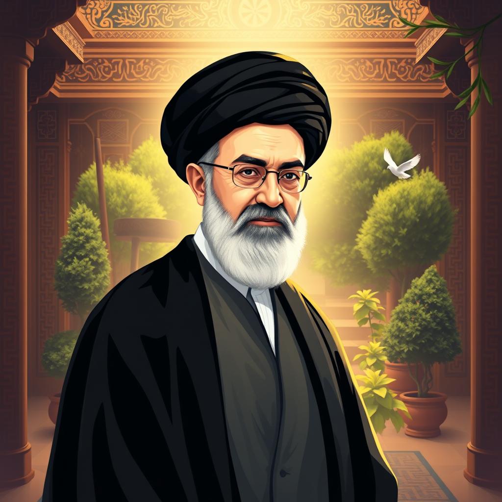 A stylized portrait of Ali Khamenei, the Supreme Leader of Iran, standing confidently in a traditional Iranian setting