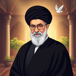A stylized portrait of Ali Khamenei, the Supreme Leader of Iran, standing confidently in a traditional Iranian setting