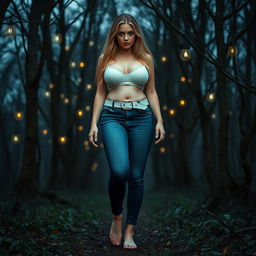 A beautiful, stunning, sexy girl with medium breasts, wide bulging hips, thick round fat thighs, and long shapely legs walking through a haunted forest at dusk, surrounded by ethereal spirits in the trees