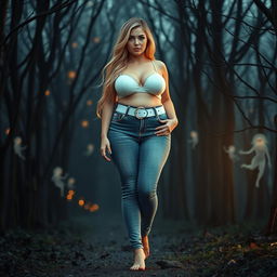 A beautiful, stunning, sexy girl with medium breasts, wide bulging hips, thick round fat thighs, and long shapely legs walking through a haunted forest at dusk, surrounded by ethereal spirits in the trees