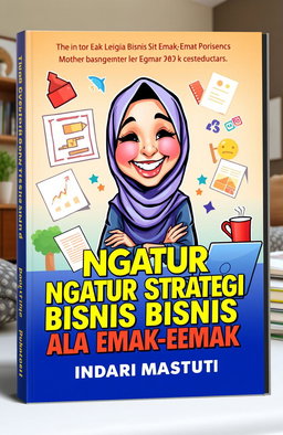 A colorful and vibrant e-book cover featuring a caricature of a cheerful 'Emak-emak' (Indonesian mother) wearing a hijab, happily engaged in a discussion about business strategies