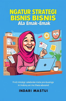 A colorful and vibrant e-book cover featuring a caricature of a cheerful 'Emak-emak' (Indonesian mother) wearing a hijab, happily engaged in a discussion about business strategies