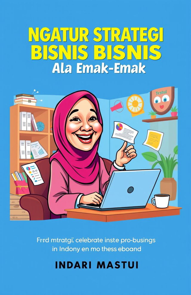 A colorful and vibrant e-book cover featuring a caricature of a cheerful 'Emak-emak' (Indonesian mother) wearing a hijab, happily engaged in a discussion about business strategies