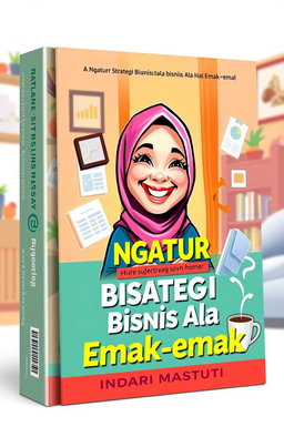 A colorful and vibrant e-book cover featuring a caricature of a cheerful 'Emak-emak' (Indonesian mother) wearing a hijab, happily engaged in a discussion about business strategies