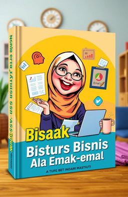 A colorful and vibrant e-book cover featuring a caricature of a cheerful 'Emak-emak' (Indonesian mother) wearing a hijab, happily engaged in a discussion about business strategies
