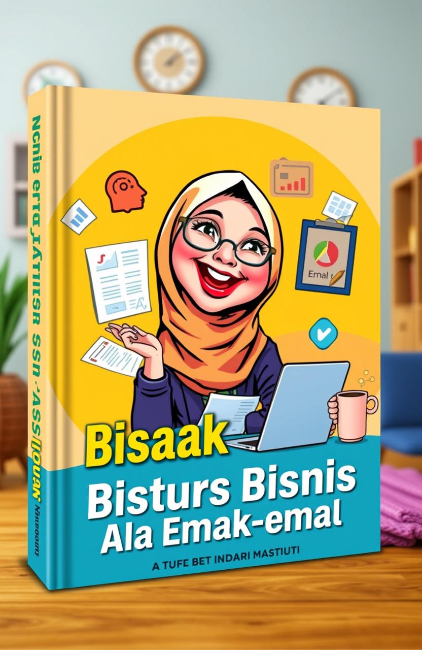 A colorful and vibrant e-book cover featuring a caricature of a cheerful 'Emak-emak' (Indonesian mother) wearing a hijab, happily engaged in a discussion about business strategies