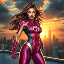 A stunning and powerful superheroine characterized by a sleek, form-fitting costume featuring a vibrant color palette, intricate detailing, and a bold emblem on her chest
