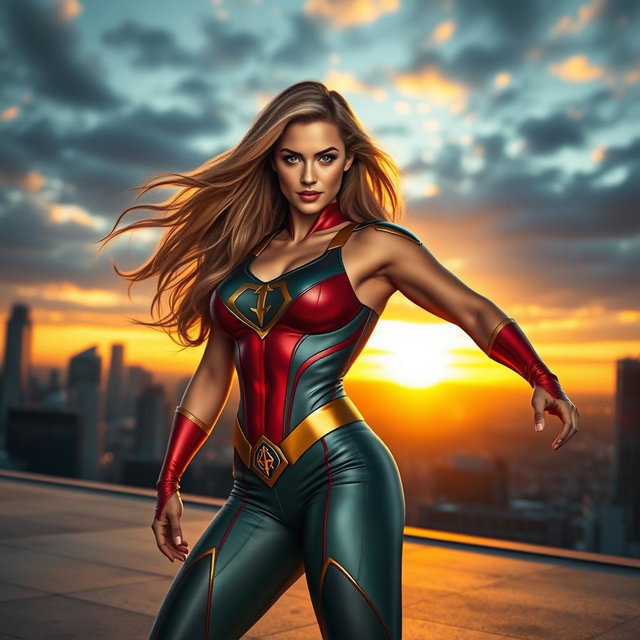 A stunning and powerful superheroine characterized by a sleek, form-fitting costume featuring a vibrant color palette, intricate detailing, and a bold emblem on her chest
