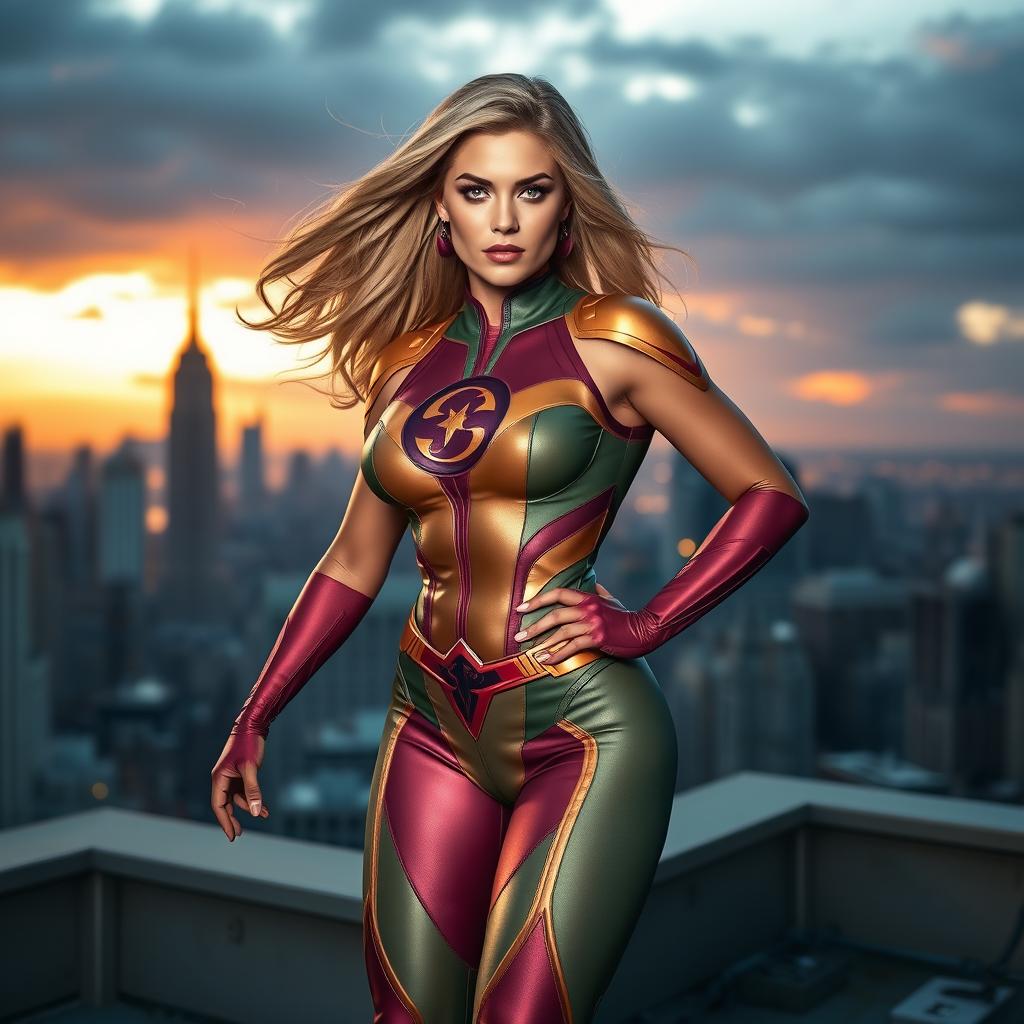 A stunning and powerful superheroine characterized by a sleek, form-fitting costume featuring a vibrant color palette, intricate detailing, and a bold emblem on her chest