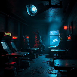A spooky and atmospheric scene inspired by Five Nights at Freddy's (FNAF)