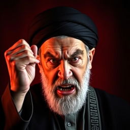 A portrait of Ali Khamenei with a furious expression, his eyebrows tightly furrowed and mouth set in a grim line