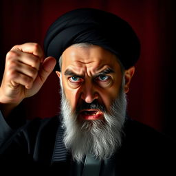 A portrait of Ali Khamenei with a furious expression, his eyebrows tightly furrowed and mouth set in a grim line