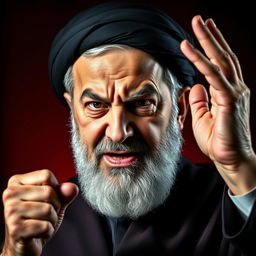 A portrait of Ali Khamenei with a furious expression, his eyebrows tightly furrowed and mouth set in a grim line