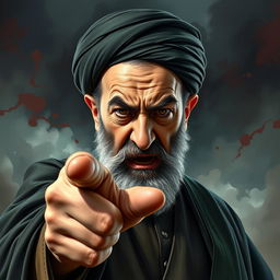 A striking portrait of Ali Khamenei looking highly agitated, his expression filled with anger and frustration