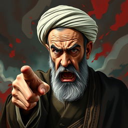 A striking portrait of Ali Khamenei looking highly agitated, his expression filled with anger and frustration