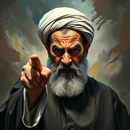 A striking portrait of Ali Khamenei looking highly agitated, his expression filled with anger and frustration