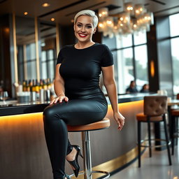A full-length, head-to-toe image of a beautiful smiling curvy young woman sitting on a stool at a modern luxury hotel bar
