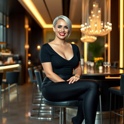 A full-length, head-to-toe image of a beautiful smiling curvy young woman sitting on a stool at a modern luxury hotel bar