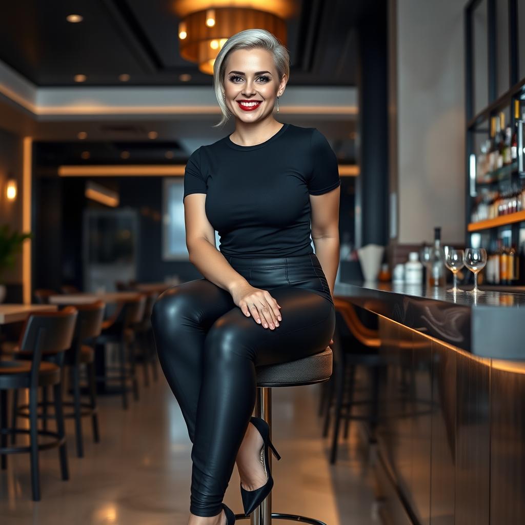 A full-length, head-to-toe image of a beautiful smiling curvy young woman sitting on a stool at a modern luxury hotel bar