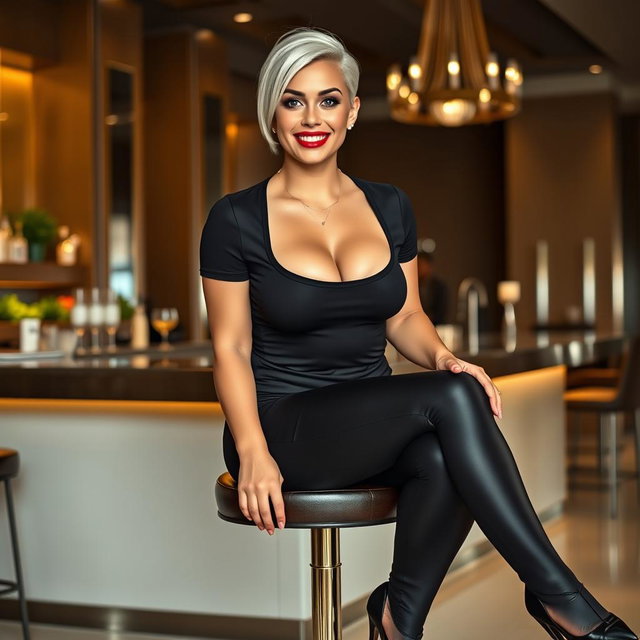 A full-length, head-to-toe image of a beautiful smiling curvy young woman sitting on a stool at a modern luxury hotel bar