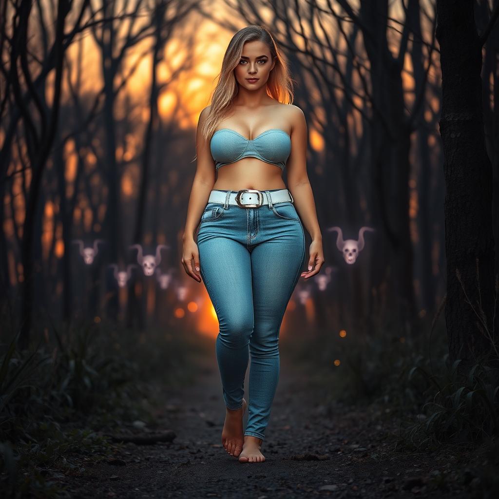 A beautiful, stunning, sexy girl with medium breasts, wide bulging hips, thick round fat thighs, and long shapely legs walking through a haunted forest at sunset