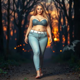 A beautiful, stunning, sexy girl with medium breasts, wide bulging hips, thick round fat thighs, and long shapely legs walking through a haunted forest at sunset