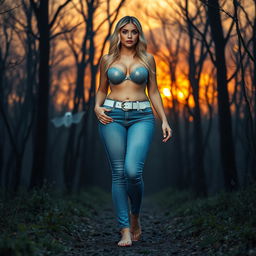 A beautiful, stunning, sexy girl with medium breasts, wide bulging hips, thick round fat thighs, and long shapely legs walking through a haunted forest at sunset