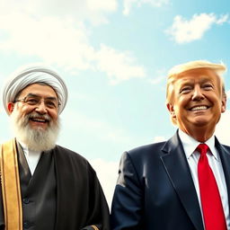 A vibrant and joyful scene featuring Ali Khamenei, the Supreme Leader of Iran, standing side by side with Donald Trump, the former President of the United States