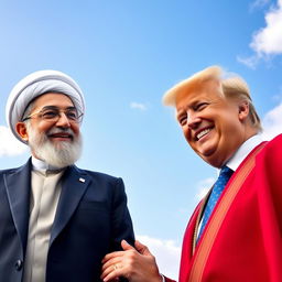 A vibrant and joyful scene featuring Ali Khamenei, the Supreme Leader of Iran, standing side by side with Donald Trump, the former President of the United States