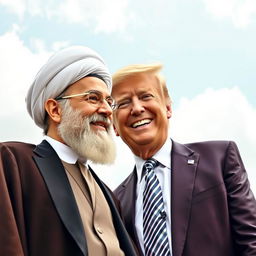 A vibrant and joyful scene featuring Ali Khamenei, the Supreme Leader of Iran, standing side by side with Donald Trump, the former President of the United States