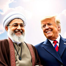 A vibrant and joyful scene featuring Ali Khamenei, the Supreme Leader of Iran, standing side by side with Donald Trump, the former President of the United States