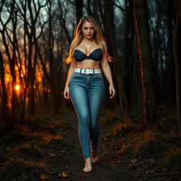 A beautiful, stunning, sexy girl with medium breasts, very wide bulging hips, thick round fat thighs, and long shapely legs, walking barefoot through a haunted forest at sunset
