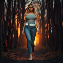 A beautiful, stunning, sexy girl with medium breasts, very wide bulging hips, thick round fat thighs, and long shapely legs, walking barefoot through a haunted forest at sunset