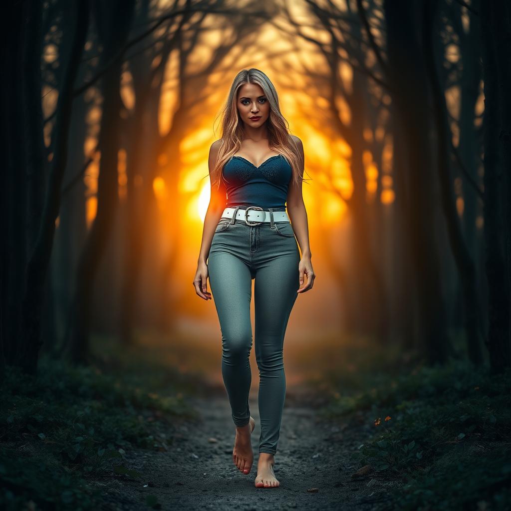 A beautiful, stunning, sexy girl with medium breasts, very wide bulging hips, thick round fat thighs, and long shapely legs, walking barefoot through a haunted forest at sunset