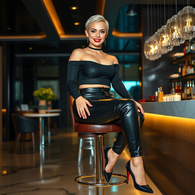 A full-length, head-to-toe image of a beautiful smiling curvy young woman sitting on a stool at a modern luxury hotel bar