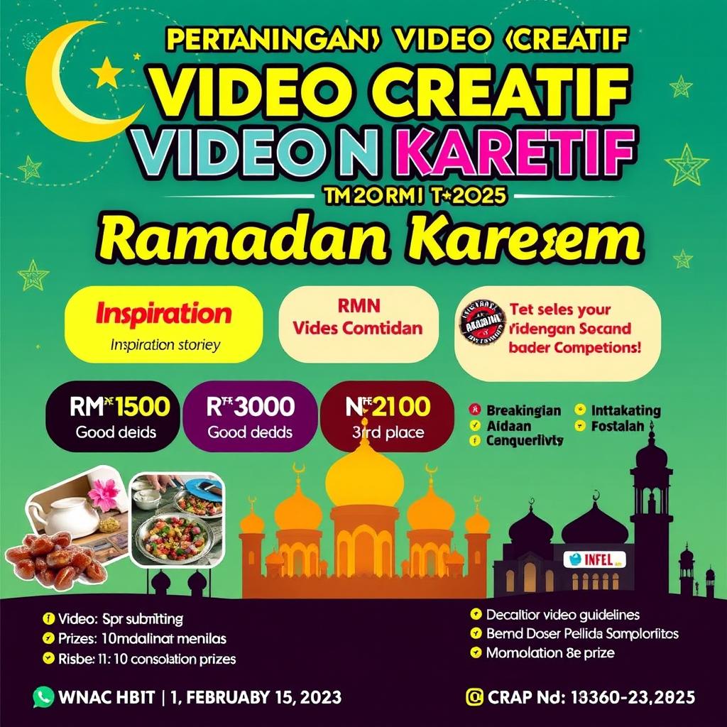 A vibrant and engaging poster for a Ramadan-themed creative video competition