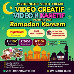 A vibrant and engaging poster for a Ramadan-themed creative video competition