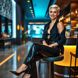 A full-length, head-to-toe image of a beautiful smiling young woman sitting on a stool at a modern luxury hotel bar