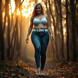 A beautiful, stunning, sexy girl with medium breasts, very wide bulging hips, thick round fat thighs, and long shapely legs, walking barefoot through a haunted forest at sunrise