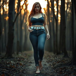 A beautiful, stunning, sexy girl with medium breasts, very wide bulging hips, thick round fat thighs, and long shapely legs, walking barefoot through a haunted forest at sunrise