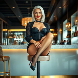 A full-length, head-to-toe image of a beautiful smiling young woman sitting on a stool at a modern luxury hotel bar, crossing her legs gracefully